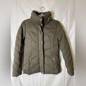 Cole‎ Haan Signature Olive Down Puffer Jacket XS | Gold Zip Hooded Quilted Coat